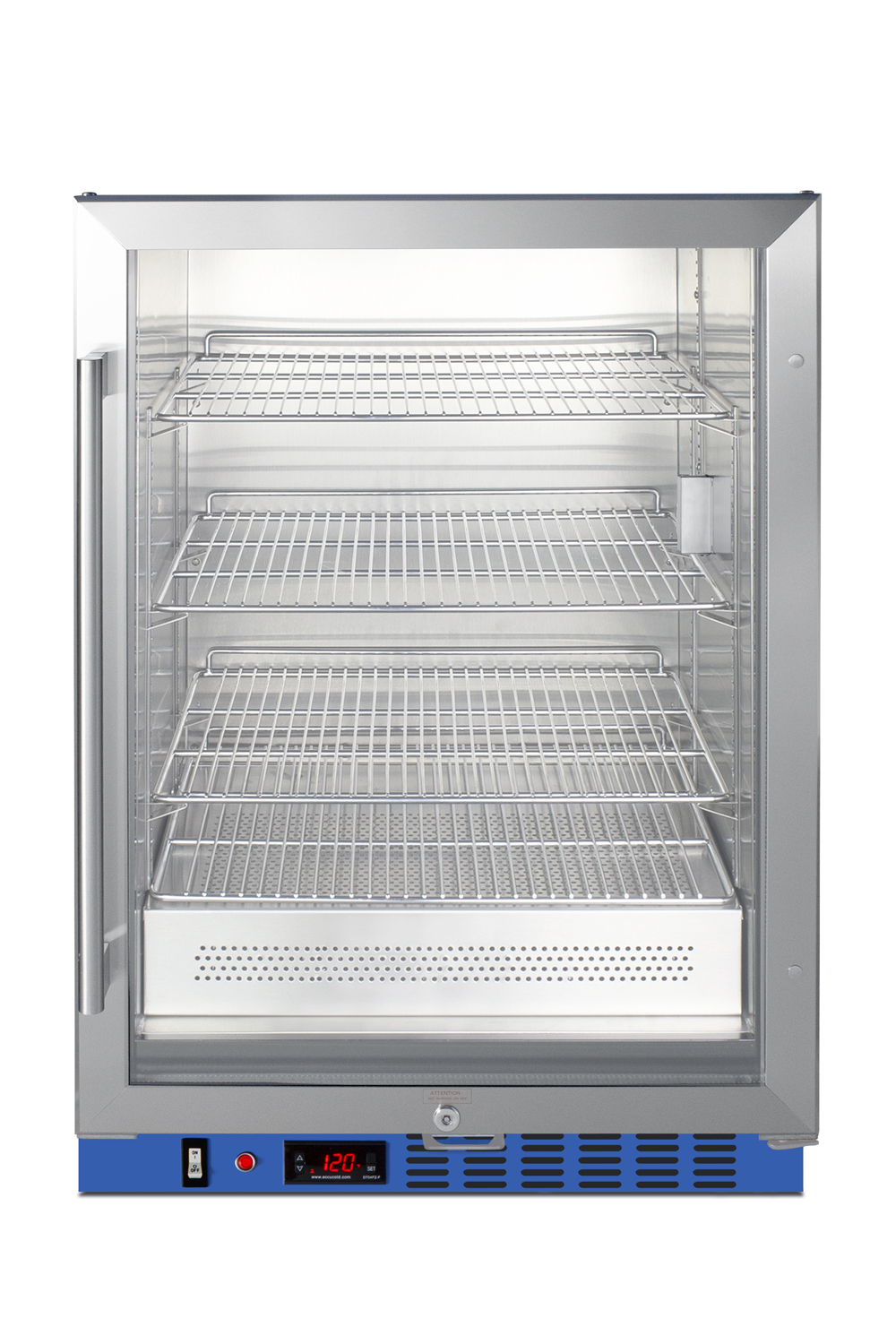 Undercounter single chamber passive heating blanket warmer with glass door, stainless steel interior and exterior, digital thermostat, and lock